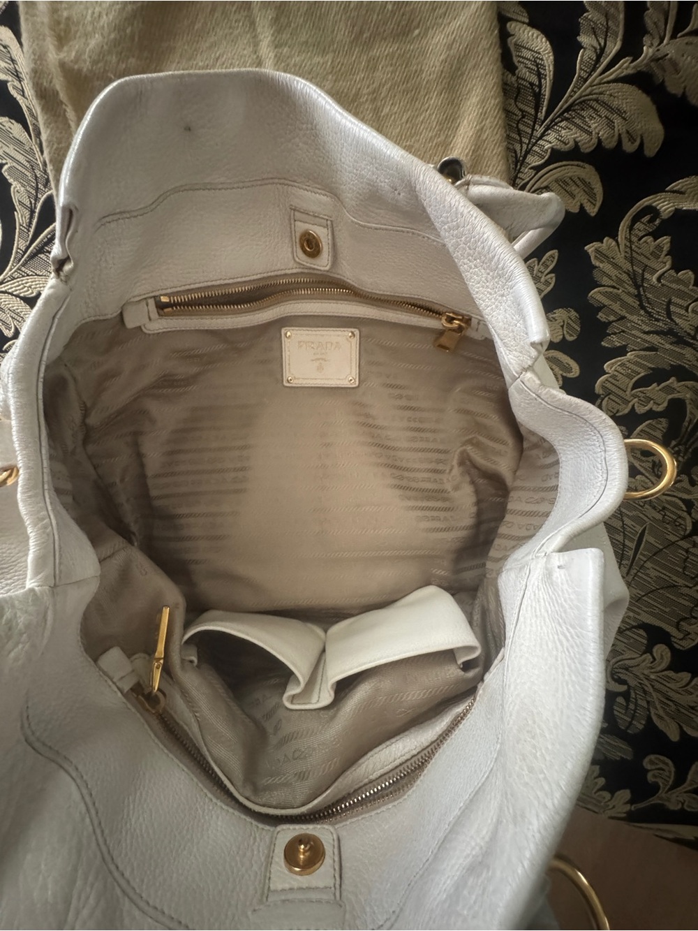 Prada White Leather Tote with Gold-Tone Accents - Picture 8 of 11